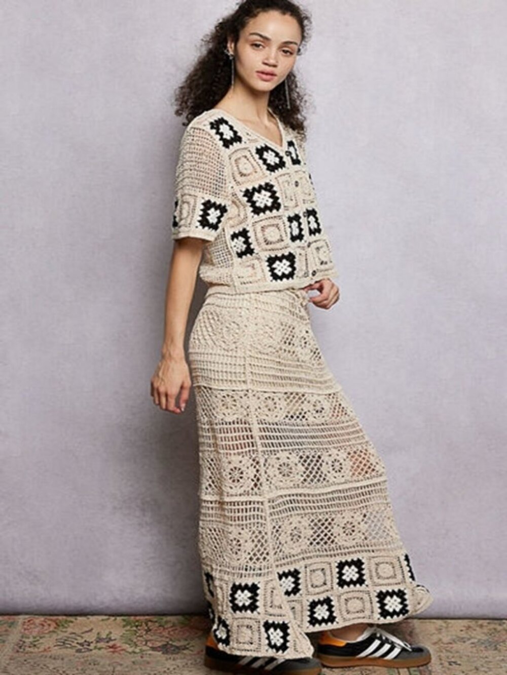 Floral Crochet Ruffled Waistband Maxi Skirt with Granny Square Weave - Picture 5 of 5